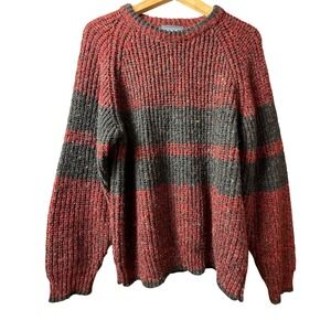 VTG Mens Striped Wool Blend Crewneck Sweater Burgundy Grey L Eclectic Grandpa